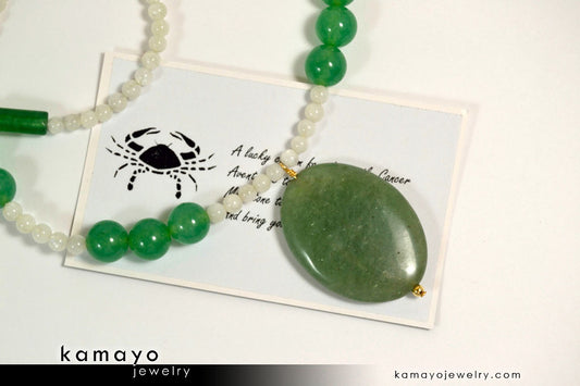 CANCER NECKLACE - Large Green Aventurine Pendant and Moonstone Beads