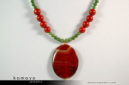 ARIES NECKLACE - Large Oval Red Jasper Pendant and Green Jasper Beads