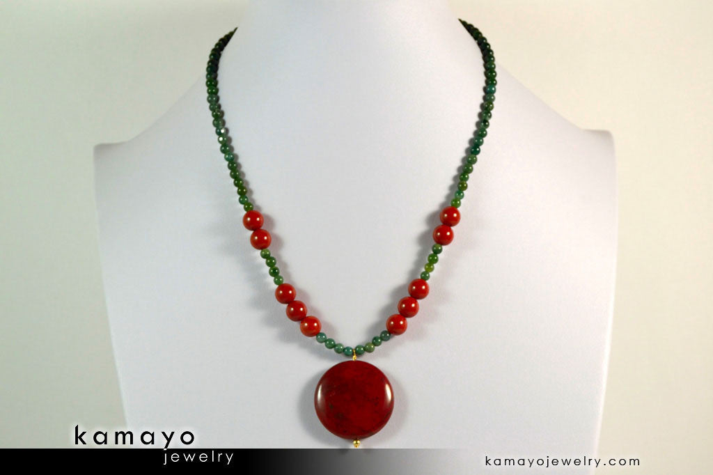 ARIES NECKLACE - Coin Red Jasper Pendant and Green Jasper Beads