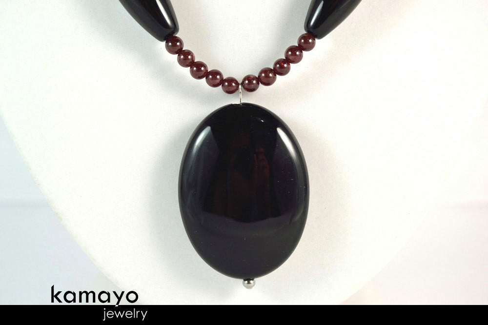 CAPRICORN NECKLACE - Large Black Onyx Pendant and Red Garnet Beads