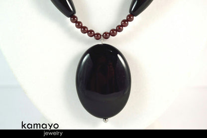 CAPRICORN NECKLACE - Large Black Onyx Pendant and Red Garnet Beads