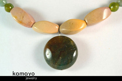 AQUARIUS NECKLACE - Womens' Choker - Moss Agate Pendant and Jasper Beads
