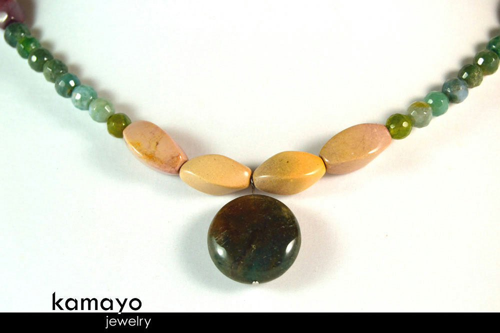 AQUARIUS NECKLACE - Womens' Choker - Moss Agate Pendant and Jasper Beads