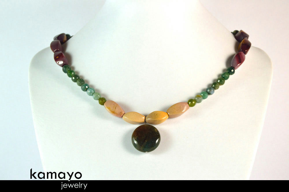 AQUARIUS NECKLACE - Womens' Choker - Moss Agate Pendant and Jasper Beads