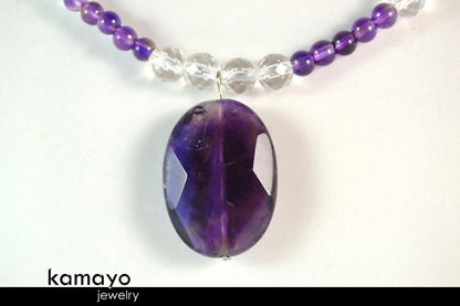 PISCES CHARM NECKLACE - Amethyst Pendant and Clear Quartz Beads