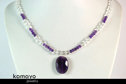 PISCES CHARM NECKLACE - Amethyst Pendant and Clear Quartz Beads