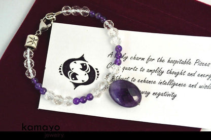 PISCES CHARM BRACELET - Purple Amethyst Pendant and Clear Quartz Beads