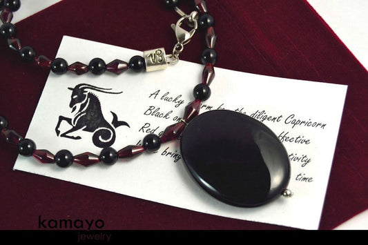 CAPRICORN NECKLACE - Black Onyx Pendant and Red Garnet Beads