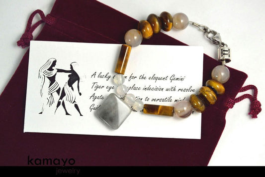 GEMINI BRACELET - Grey Agate Pendant and Tiger Eye Beads
