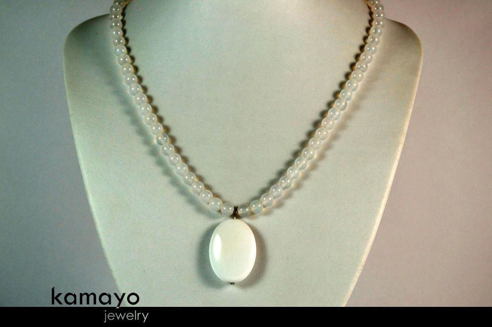 WHITE CHALCEDONY NECKLACE - Large Oval Pendant and Translucent Round Beads