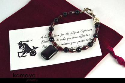 CAPRICORN JEWELRY SET - Princess Necklace and Bracelet with Black Onyx Pendants and Red Garnet Beads