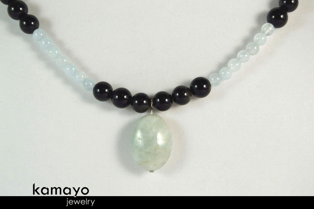 SCORPIO NECKLACE - Translucent Aquamarine Pendant and Black Obsidian Beads