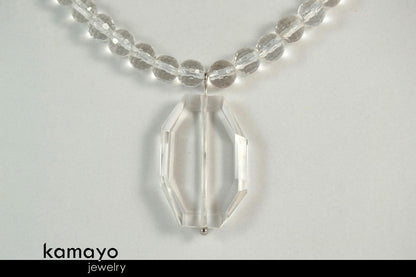 CLEAR QUARTZ NECKLACE - Large Rock Crystal Pendant and Natural Beads