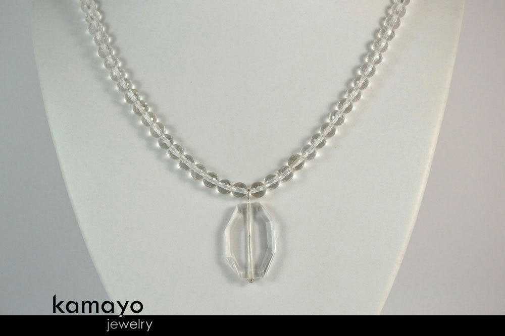 CLEAR QUARTZ NECKLACE - Large Rock Crystal Pendant and Natural Beads