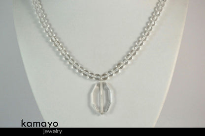 CLEAR QUARTZ NECKLACE - Large Rock Crystal Pendant and Natural Beads
