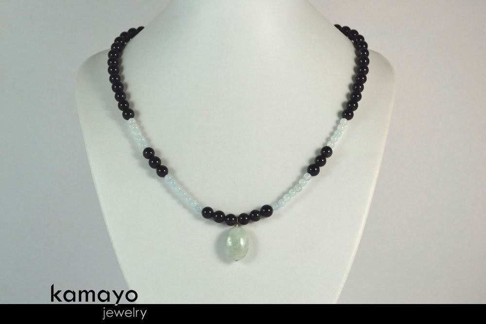SCORPIO NECKLACE - Translucent Aquamarine Pendant and Black Obsidian Beads
