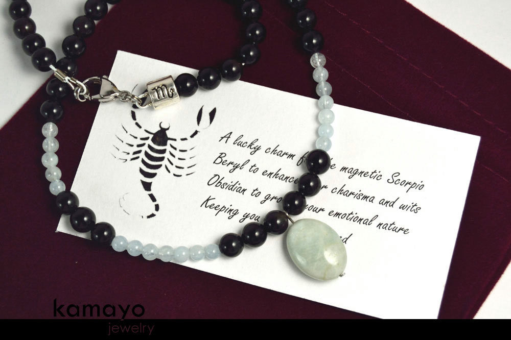 SCORPIO NECKLACE - Translucent Aquamarine Pendant and Black Obsidian Beads