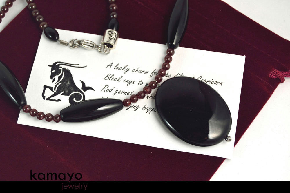 CAPRICORN NECKLACE - Large Black Onyx Pendant and Red Garnet Beads