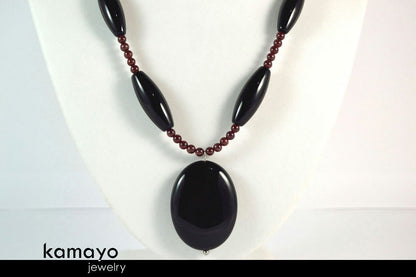 CAPRICORN NECKLACE - Large Black Onyx Pendant and Red Garnet Beads