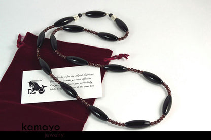 CAPRICORN OPERA NECKLACE - Large Rice Black Onyx Beads and Red Garnet