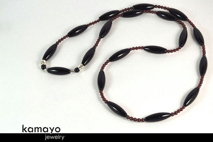 CAPRICORN LARIAT NECKLACE - Large Rice Black Onyx Beads and Red Garnet