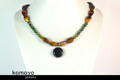 AQUARIUS JEWELRY SET - Women's Choker and Bracelet with Moss Agate Pendants and Jasper Beads