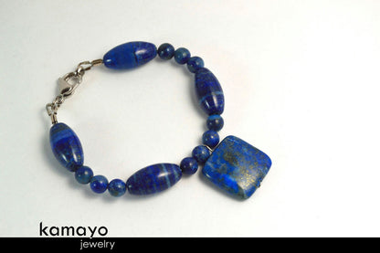 LAPIS LAZULI BRACELET - Blue Square Pendant and Large Rice Beads